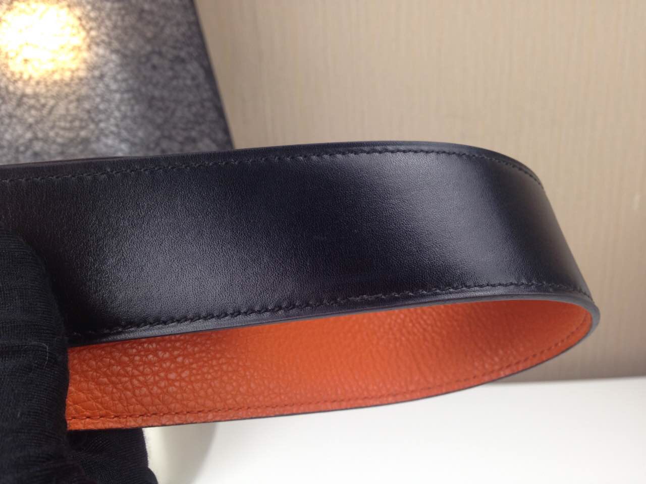 爱马仕HERMES顶级橙色配黑色平纹皮带H扣 宽度3.8CM