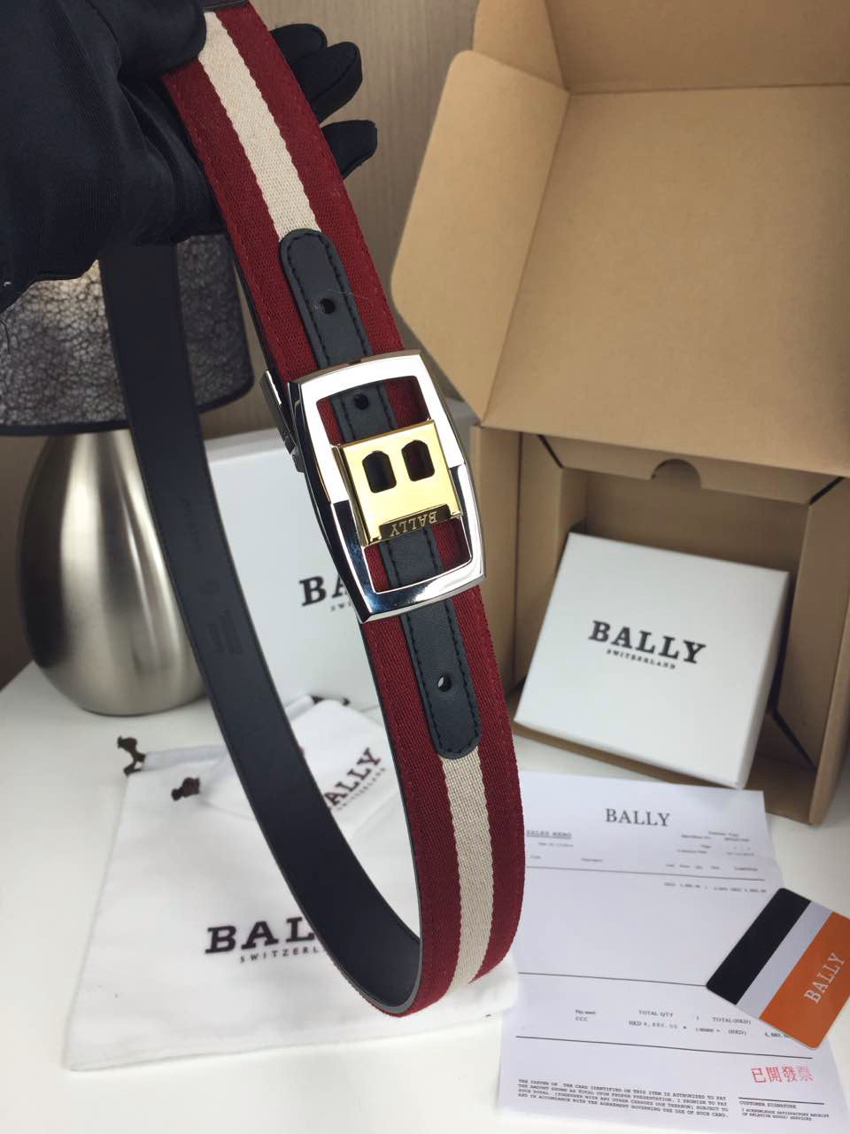 Bally 巴莉 男士皮带 带身红色拼黑色 360度旋转不锈钢框扣