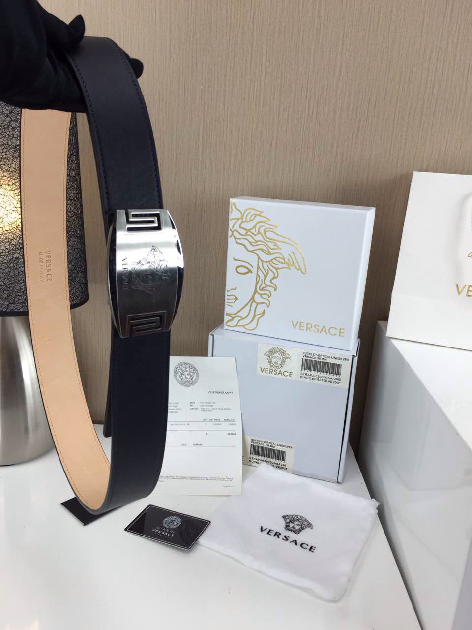 Versace 纪梵希 经典男士皮带 扣头不锈钢316白色 蓝色小牛皮平纹带身