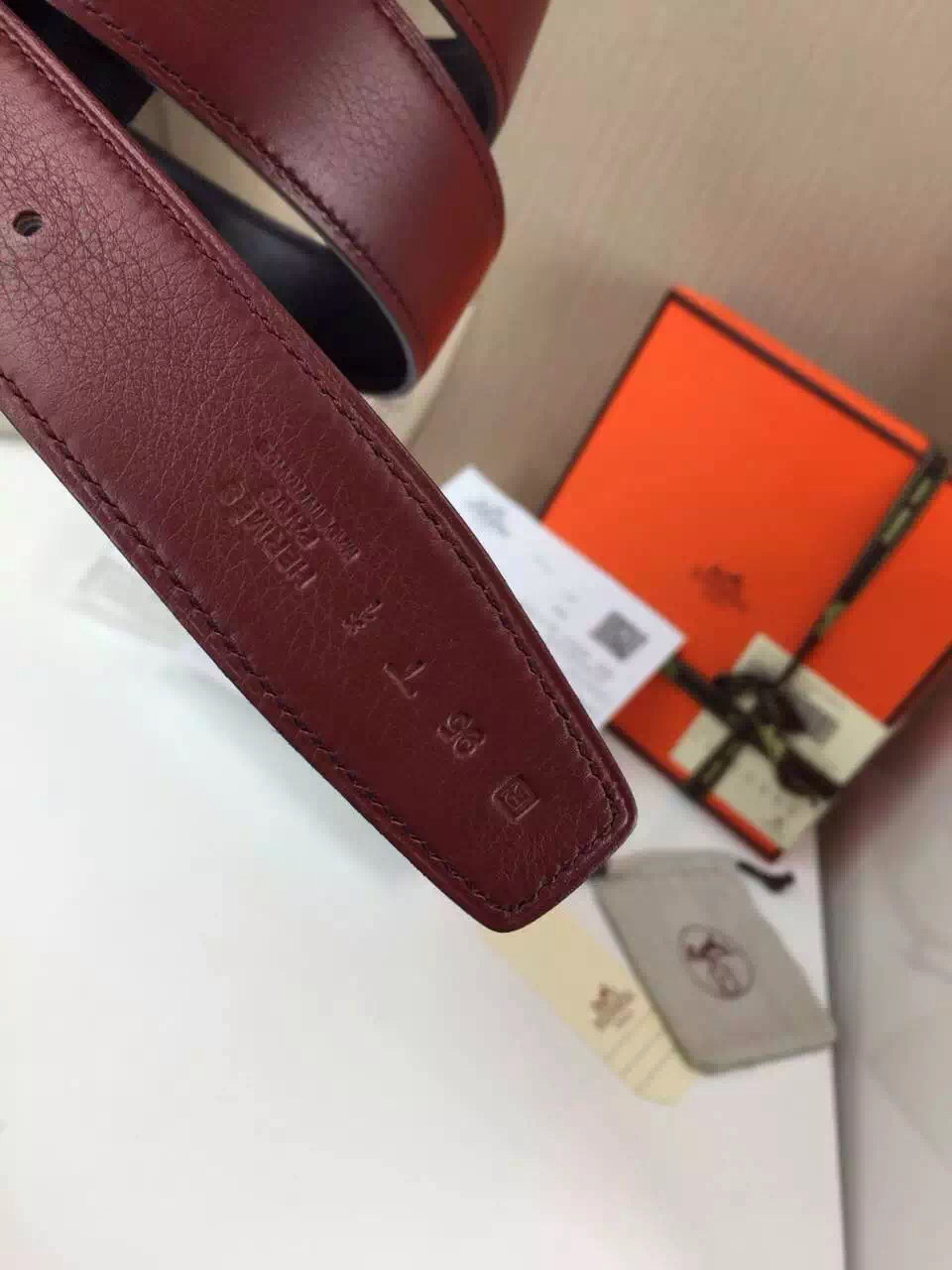Hermes皮带货源 酒红掌纹配灰色平纹 316不锈钢扣头 3.2CM和3.8CM可选