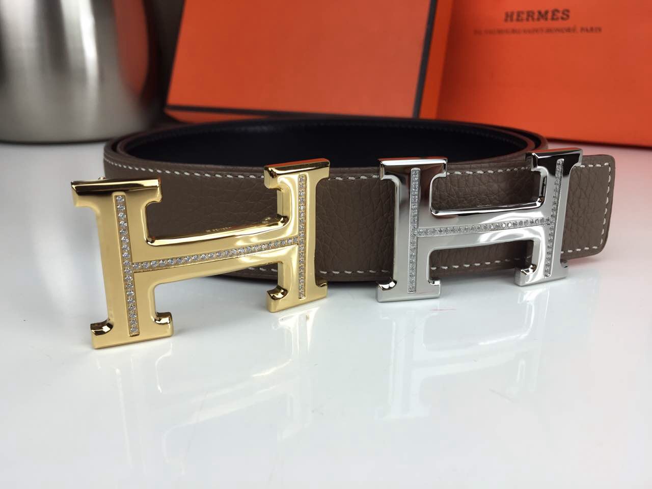 Hermes爱马仕皮带批发市场 顶级TOGO皮 进口牛皮 316双排钻金&银扣