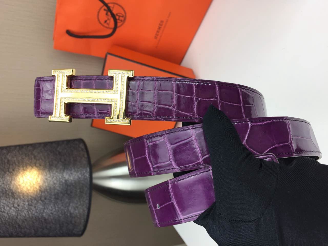 Hermes爱马仕皮带货源 动物皮纹路 紫色