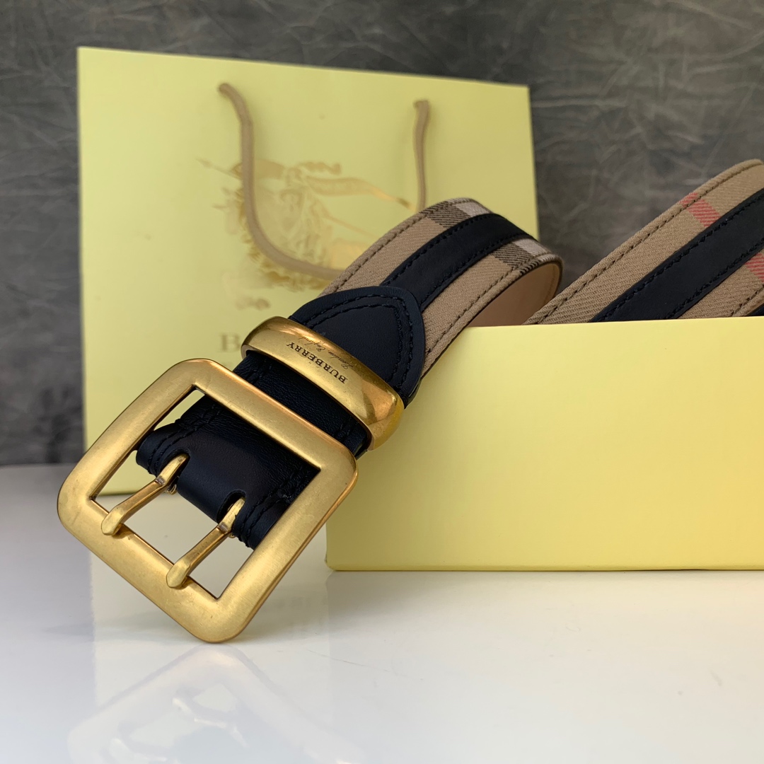 广州皮带批发 巴宝莉双针系列新款皮带 复古五金扣搭配进口小牛皮 带宽3.5CM 码数80-95欧